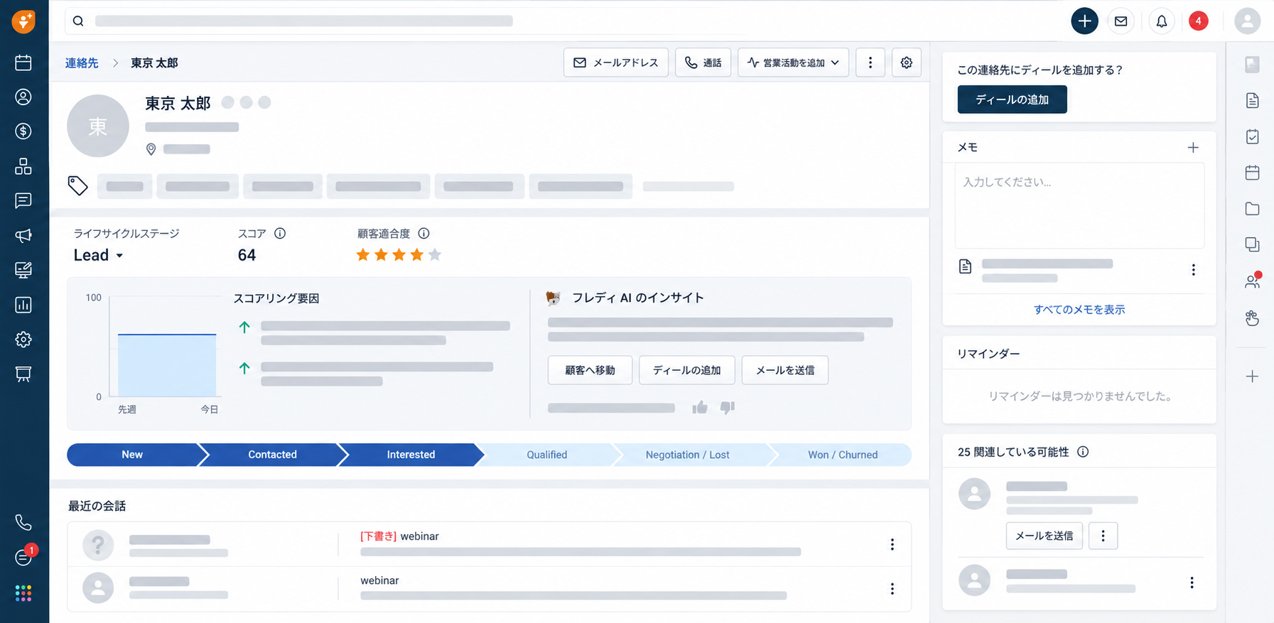 CRMのコンタクト詳細と営業パイプラインの画面